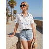 Zeagoo Women Button Down Shirt Cotton Linen Blend Short Sleeve V Neck Blouse Dressy Casual Summer Tops Beach Vacation Outfits(White Sprig)