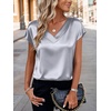 Zeagoo Women Silk Satin Tops Cap Short Sleeve Blouse V Neck Shirts Business Casual Outfits S-2XL(Grey)