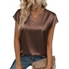 Zeagoo Women Tops Silk Satin Blouses V Neck Summer Shirts Cap Sleeve Business Casual Dressy Spring Clothing(Brown)