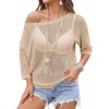 Zeagoo Womens Summer Tops Crochet Sweaters Resort Wear 3/4 Sleeve Hollow Out Knit Tops 2026 Beach Coverup Beige