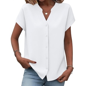 Zeagoo Button Down Shirts for Women Short Sleeve Tops V Neck Collar Blouses Business Casual Outfits(White)