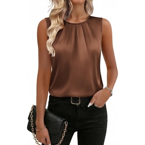 Zeagoo Camisole Top for Woman Silk Satin Crew Neck Dressy Sleeveless Blouses Summer Business Casual Outfits(Brown)