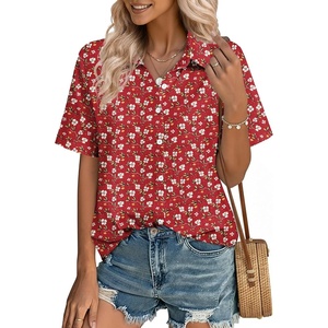 Zeagoo Women Button Down Shirt Cotton Linen Blend Short Sleeve V Neck Blouse Dressy Casual Summer Tops Beach Vacation Outfits(Red Ditsy)
