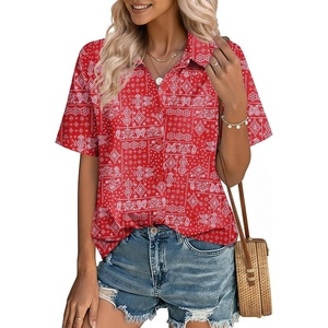 Zeagoo Women Button Down Shirt Cotton Linen Blend Short Sleeve V Neck Blouse Dressy Casual Summer Tops Beach Vacation Outfits(Red Paisley)