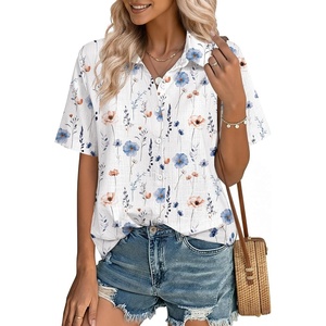 Zeagoo Women Button Down Shirt Cotton Linen Blend Short Sleeve V Neck Blouse Dressy Casual Summer Tops Beach Vacation Outfits(White Sprig)