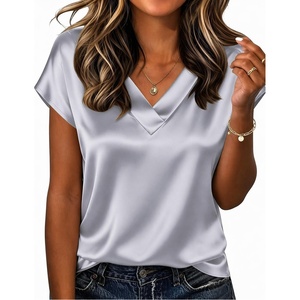 Zeagoo Women Silk Satin Tops Cap Short Sleeve Blouse V Neck Shirts Business Casual Outfits S-2XL(Grey)