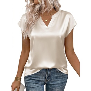 Zeagoo Women Tops Silk Satin Blouses V Neck Summer Shirts Cap Sleeve Business Casual Dressy Spring Clothing(Beige)