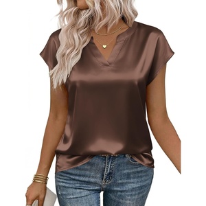 Zeagoo Women Tops Silk Satin Blouses V Neck Summer Shirts Cap Sleeve Business Casual Dressy Spring Clothing(Brown)
