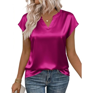 Zeagoo Women Tops Silk Satin Blouses V Neck Summer Shirts Cap Sleeve Business Casual Dressy Spring Clothing(Hot Pink)