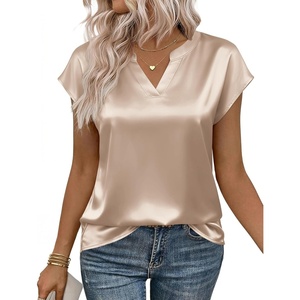 Zeagoo Women Tops Silk Satin Blouses V Neck Summer Shirts Cap Sleeve Business Casual Dressy Spring Clothing(Light Khaki 2)