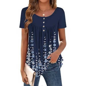 Zeagoo Women Tunic Tops Dressy Casual Summer Short Sleeve Shirts Floral Loose Fit Pleated Boho Top S-XXL(Sf119- Navy Blue Flowers)