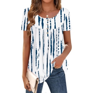 Zeagoo Women Tunic Tops Dressy Casual Summer Short Sleeve Shirts Floral Loose Fit Pleated Boho Top S-XXL(Zr229- White Blue)