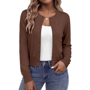 Zeagoo Women’s Cropped Cardigan Sweaters 2026 Button Down Long Sleeve Knit Bolero Shrugs for Dresses(Brown)