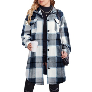 Zeagoo Womens Plus Size Flannel Plaid Button Down Shirts Long Sleeve Lounge Lapel Tartan Shacket Jacket Long Coats 2024(Navy Blue)