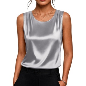 Zeagoo Womens Satin Tank Top Pleated Shoulder Sleeveless Blouse Round Neck Dressy Business Casual Work Office Summer Top(Gray)