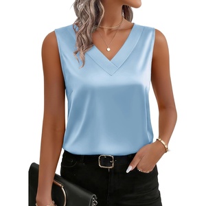 Zeagoo Women’s Silk Satin Tank Tops V Neck Casual Camisoles Sleeveless Business Work Blouses Dressy Summer Shirts(Light Blue)
