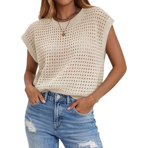 Zeagoo Womens Spring Summer Crochet Tops Cap Sleeve Sweater Vest Hollow Out Pullover Shirts Beach Vacation Clothes(Apricot)
