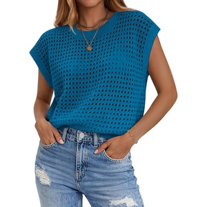 Zeagoo Womens Spring Summer Crochet Tops Cap Sleeve Sweater Vest Hollow Out Pullover Shirts Beach Vacation Clothes(Lake Blue)
