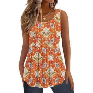 Zeagoo Womens Summer Tank Tops Crew Neck Sleeveless Babydoll Tops Flowy Shirts Loose Fit Tunic Blouses S-3XL(Orange Ethnic Print)