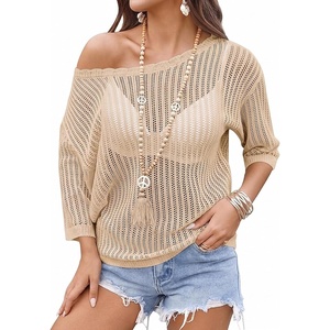 Zeagoo Womens Summer Tops Crochet Sweaters Resort Wear 3/4 Sleeve Hollow Out Knit Tops 2026 Beach Coverup Beige