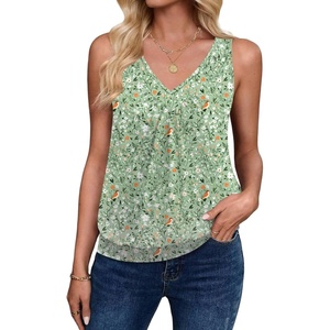 Zeagoo Womens Tank Tops Loose Fit V Neck Ruched Sleeveless Tops Casual Basic Banded Shirts S-XXL(Green White Flower)