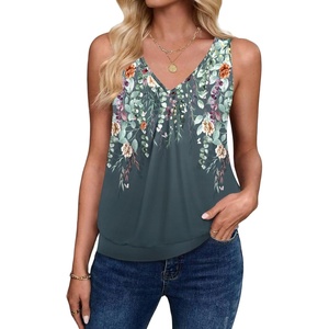 Zeagoo Womens Tank Tops Loose Fit V Neck Ruched Sleeveless Tops Casual Basic Banded Shirts S-XXL(Grey Colorful Flower)