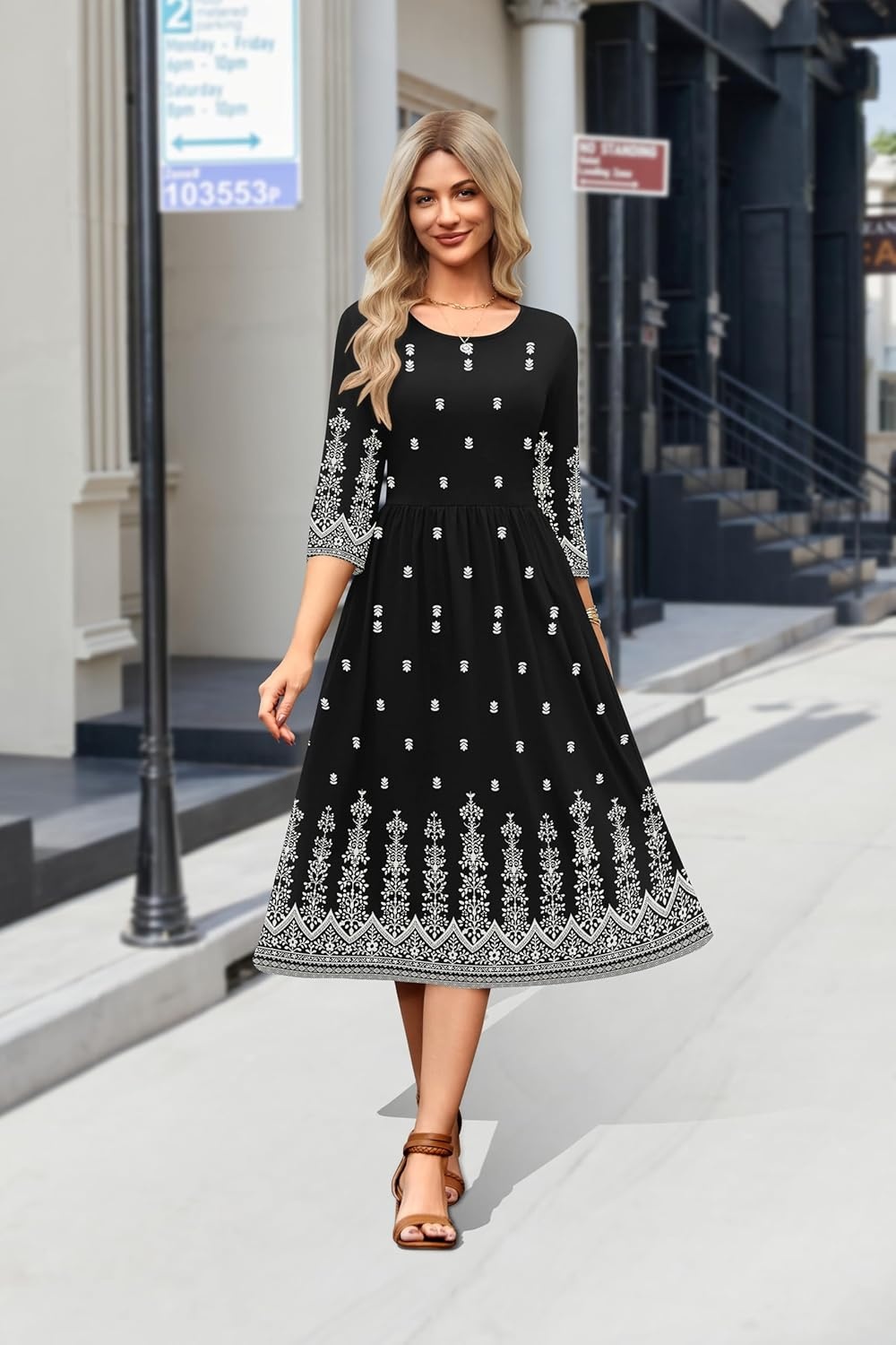 image:imageZeagoo 34 Sleeve Womens Dress Casual Flowy ALine Midi Tshirt Dresses with Pockets Crewneck Vocation Boho Beach SundressBlack Boho Print