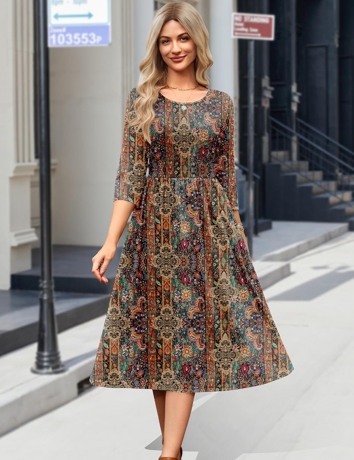 image:imageZeagoo 34 Sleeve Womens Dress Casual Flowy ALine Midi Tshirt Dresses with Pockets Crewneck Vocation Boho Beach SundressEthnic Boho Print