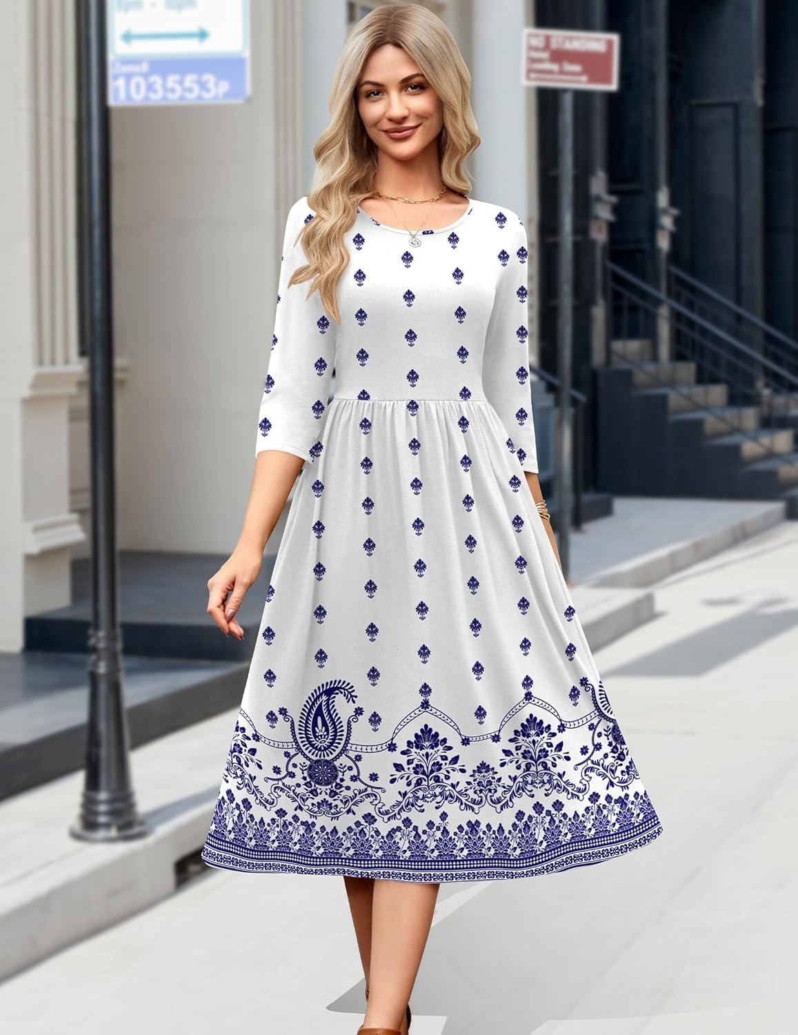image:imageZeagoo 34 Sleeve Womens Dress Casual Flowy ALine Midi Tshirt Dresses with Pockets Crewneck Vocation Boho Beach SundressWhite Ethnic Print