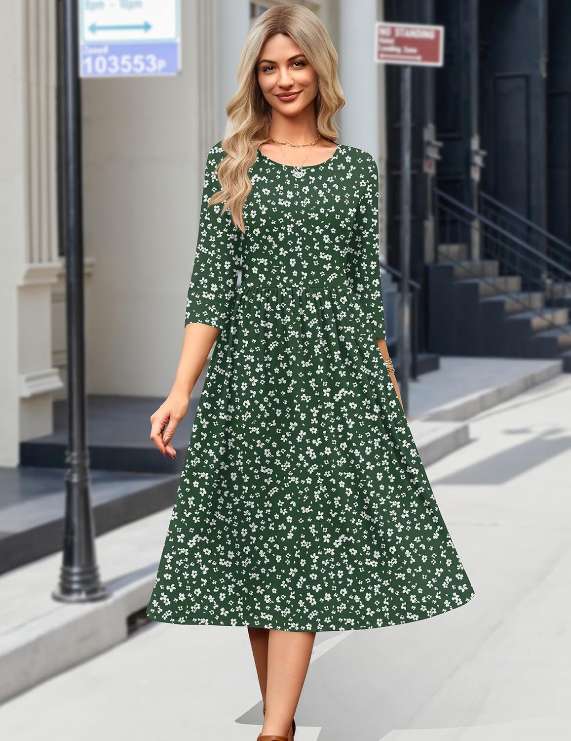 image:imageZeagoo 34 Sleeve Womens Dress Casual Flowy ALine Midi Tshirt Dresses with Pockets Crewneck Vocation Boho Beach SundressXh527