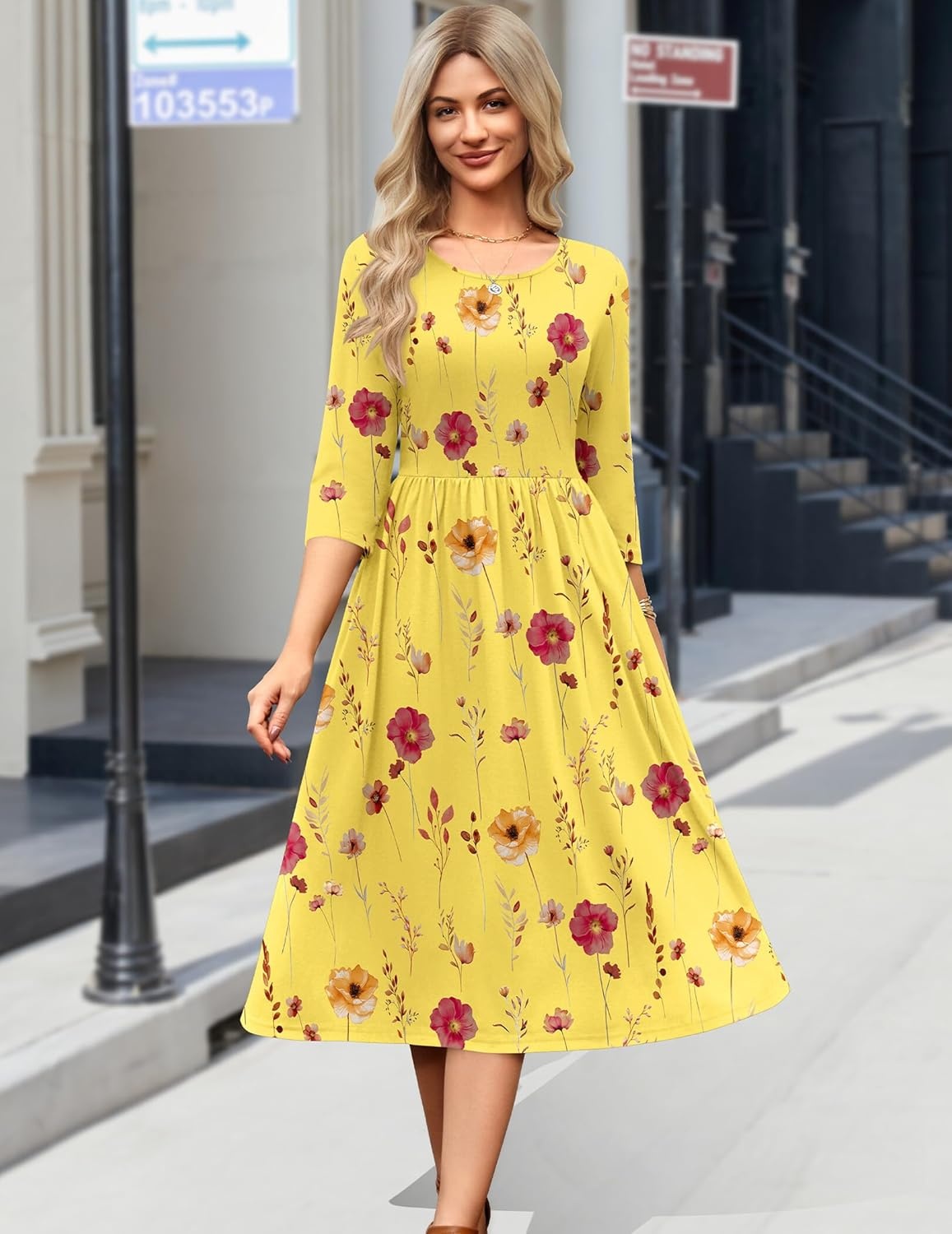 image:imageZeagoo 34 Sleeve Womens Dress Casual Flowy ALine Midi Tshirt Dresses with Pockets Crewneck Vocation Boho Beach SundressYellow Floral