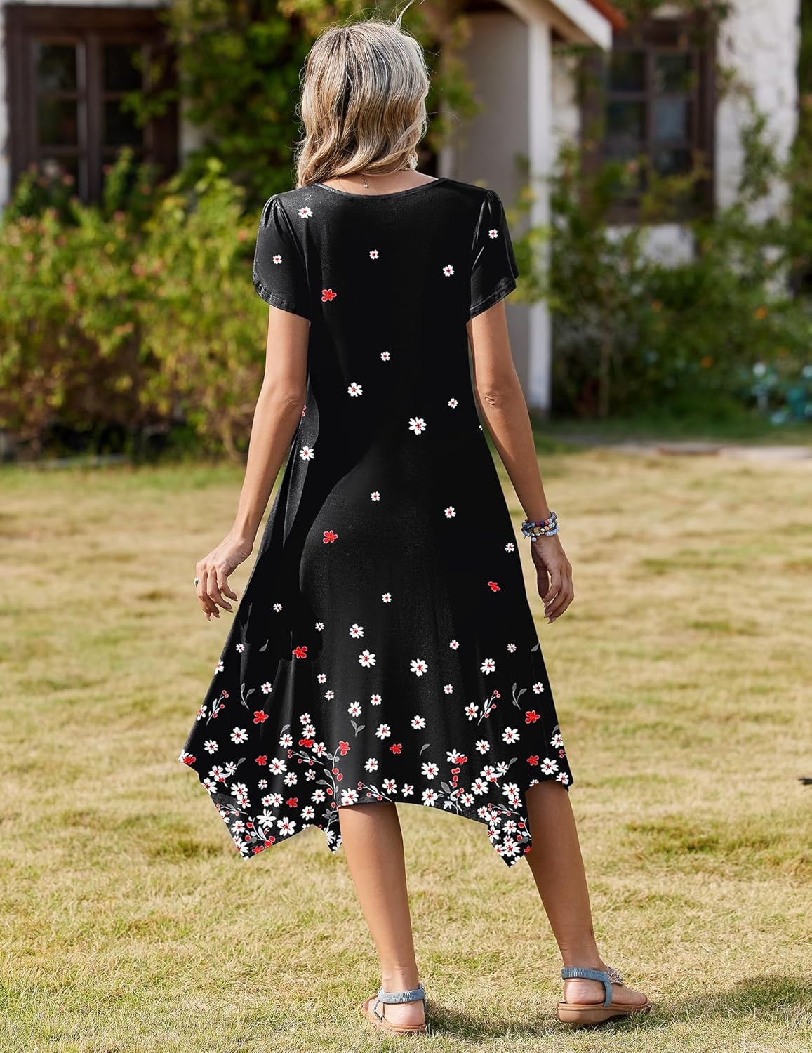image:imageZeagoo Womens Casual Dress for Summer Short Sleeve Loose Flowy Beach Dress with Pockets Hankerchief Flare Midi Sundress 2026Black Sf236