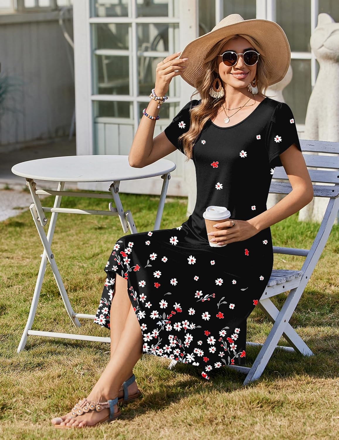 image:imageZeagoo Womens Casual Dress for Summer Short Sleeve Loose Flowy Beach Dress with Pockets Hankerchief Flare Midi Sundress 2026Black Sf236
