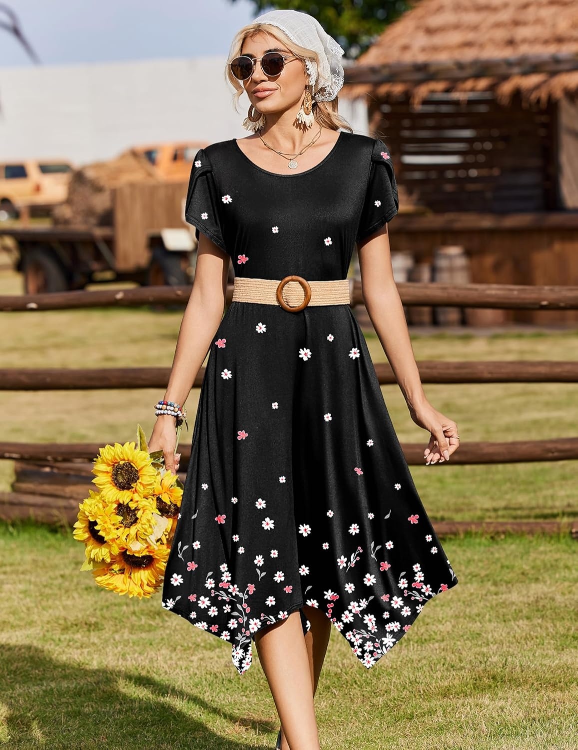 image:imageZeagoo Womens Casual Dress for Summer Short Sleeve Loose Flowy Beach Dress with Pockets Hankerchief Flare Midi Sundress 2026Black Sf236
