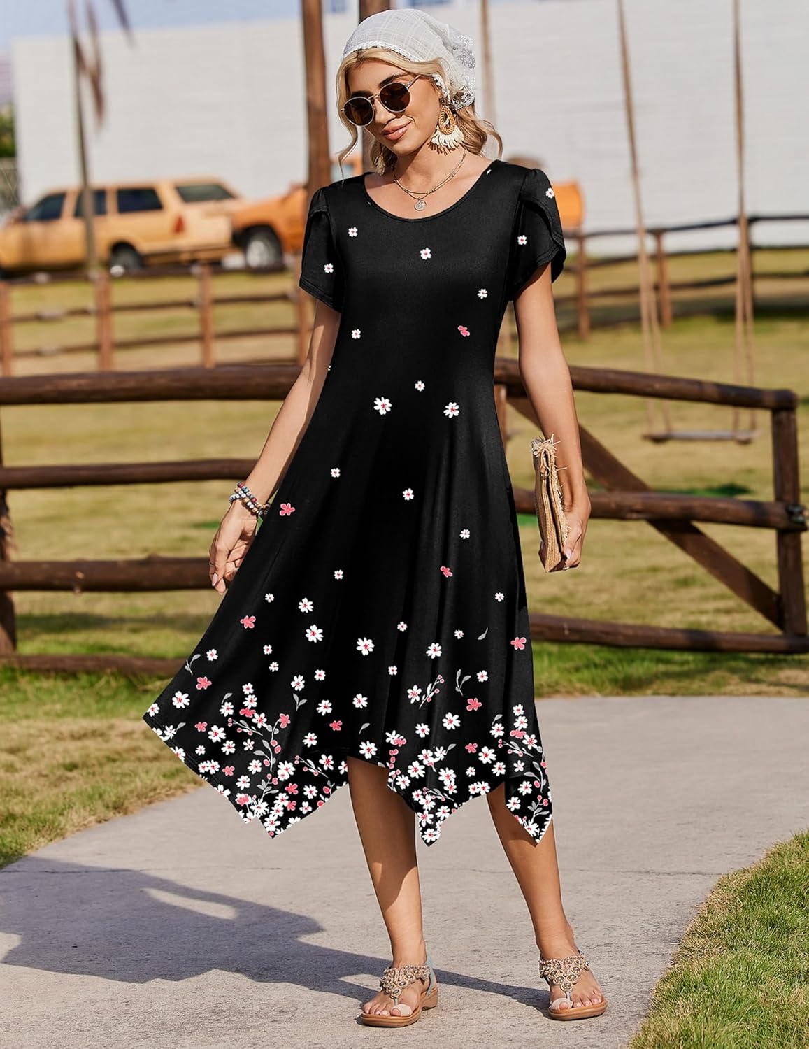 image:imageZeagoo Womens Casual Dress for Summer Short Sleeve Loose Flowy Beach Dress with Pockets Hankerchief Flare Midi Sundress 2026Black Sf236