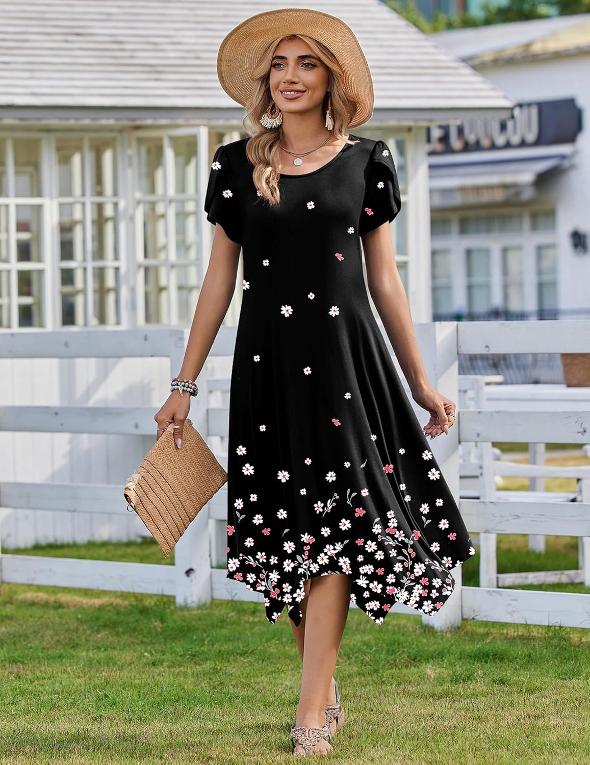 image:imageZeagoo Womens Casual Dress for Summer Short Sleeve Loose Flowy Beach Dress with Pockets Hankerchief Flare Midi Sundress 2026Black Sf236