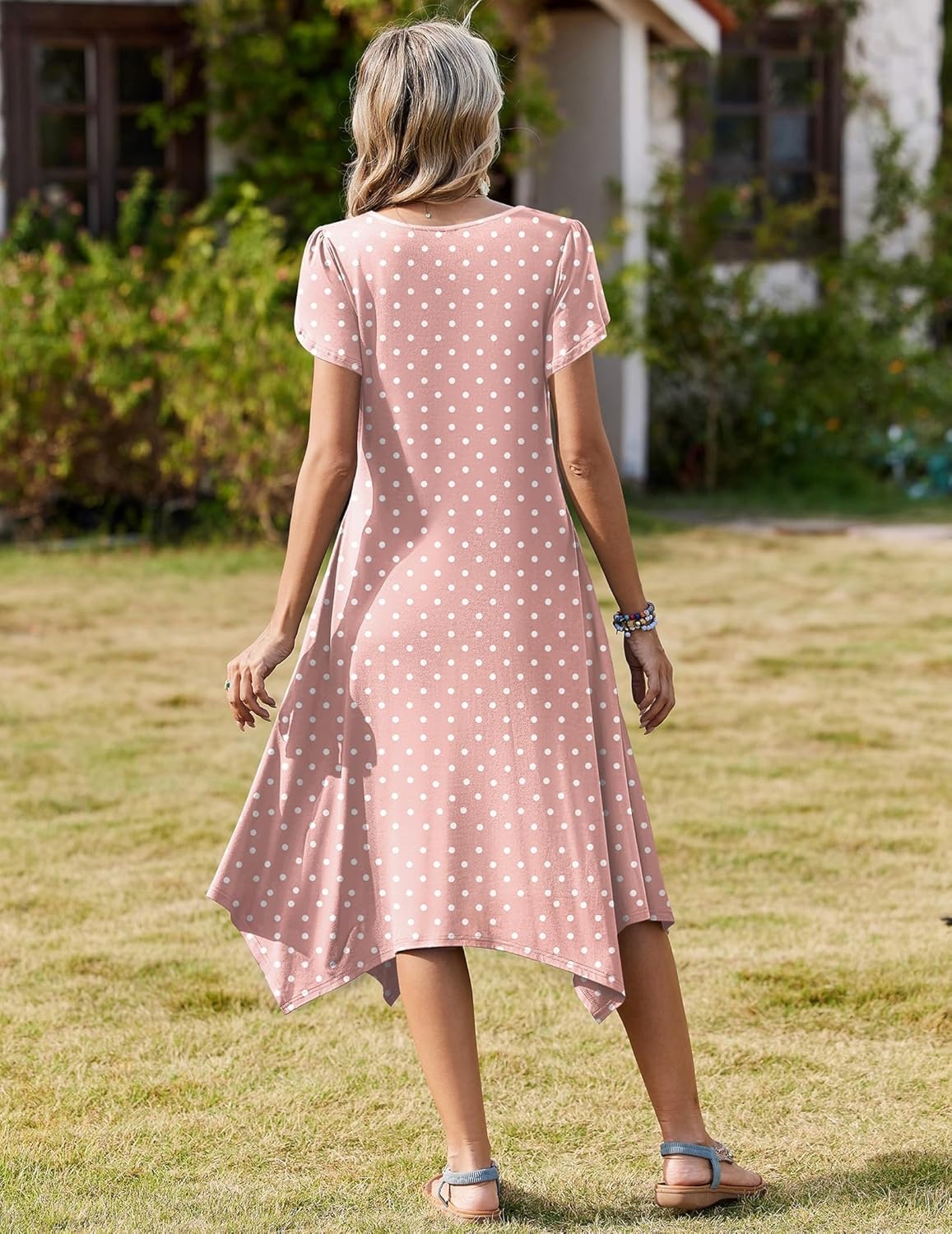 image:imageZeagoo Womens Casual Dress for Summer Short Sleeve Loose Flowy Beach Dress with Pockets Hankerchief Flare Midi Sundress 2026Pink Dot
