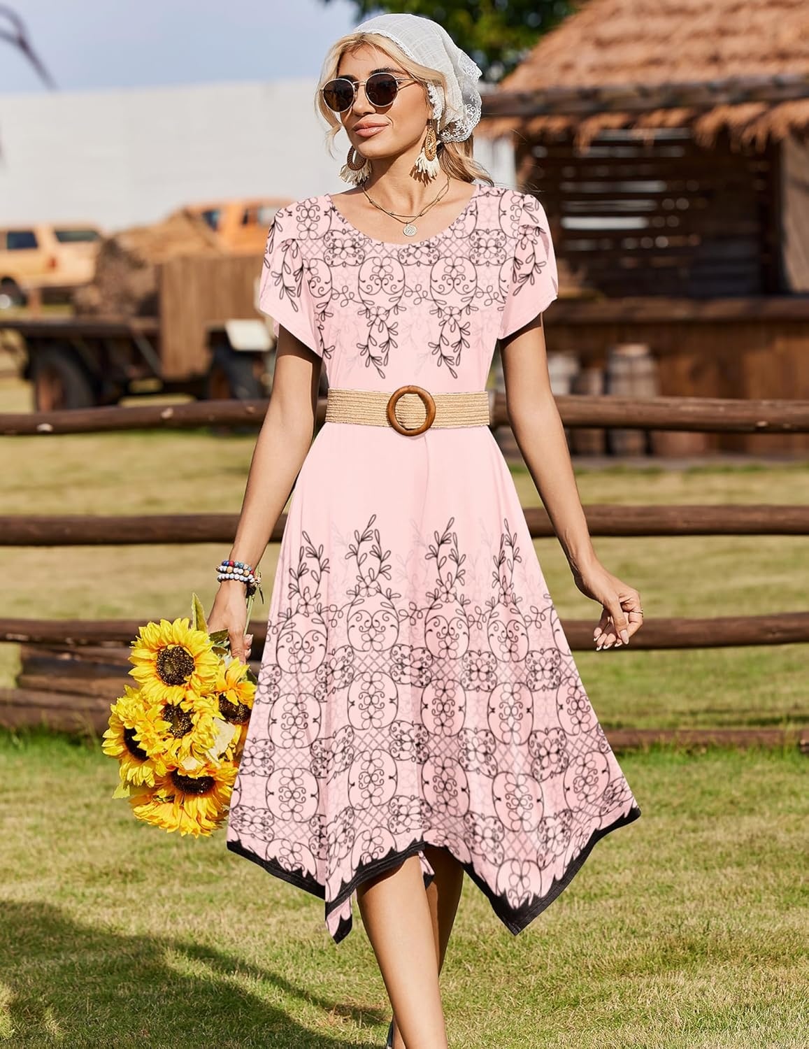 image:imageZeagoo Womens Casual Dress for Summer Short Sleeve Loose Flowy Beach Dress with Pockets Hankerchief Flare Midi Sundress 2026Pink Sf292