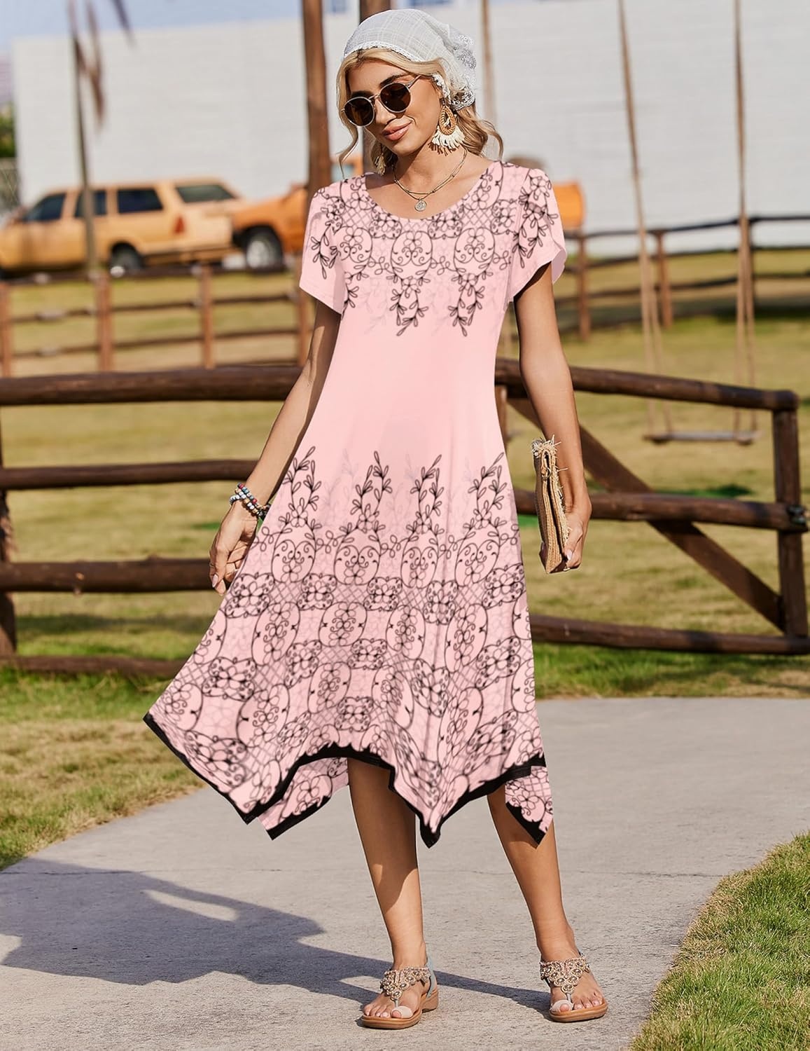 image:imageZeagoo Womens Casual Dress for Summer Short Sleeve Loose Flowy Beach Dress with Pockets Hankerchief Flare Midi Sundress 2026Pink Sf292