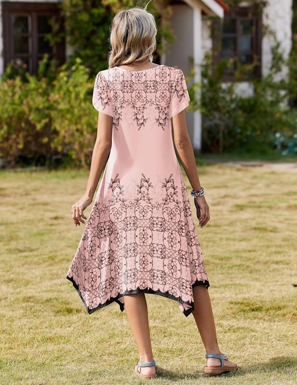 image:imageZeagoo Womens Casual Dress for Summer Short Sleeve Loose Flowy Beach Dress with Pockets Hankerchief Flare Midi Sundress 2026Pink Sf292