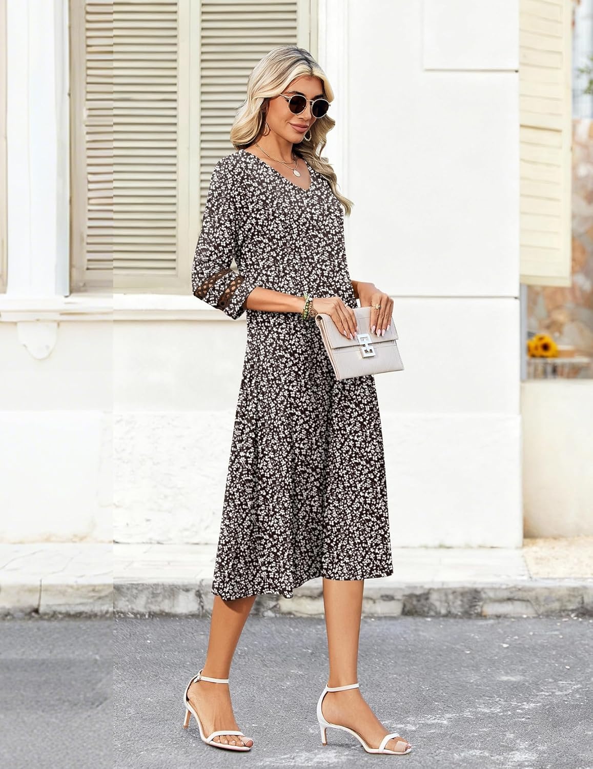 image:imageZeagoo Womens Dresses 34 Sleeve Summer Casual VNeck A Line Flowy Eyelet Midi Dress for Women Beach Vacation SundressBrown Floral
