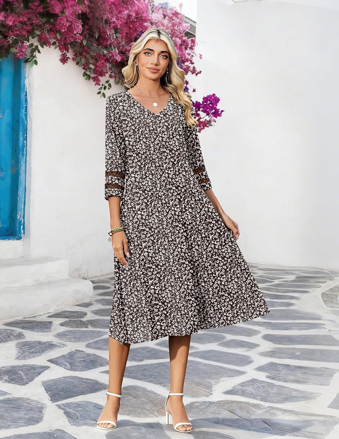 image:imageZeagoo Womens Dresses 34 Sleeve Summer Casual VNeck A Line Flowy Eyelet Midi Dress for Women Beach Vacation SundressBrown Floral