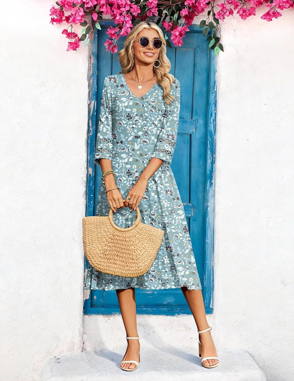image:imageZeagoo Womens Dresses 34 Sleeve Summer Casual VNeck A Line Flowy Eyelet Midi Dress for Women Beach Vacation SundressGreen Floral