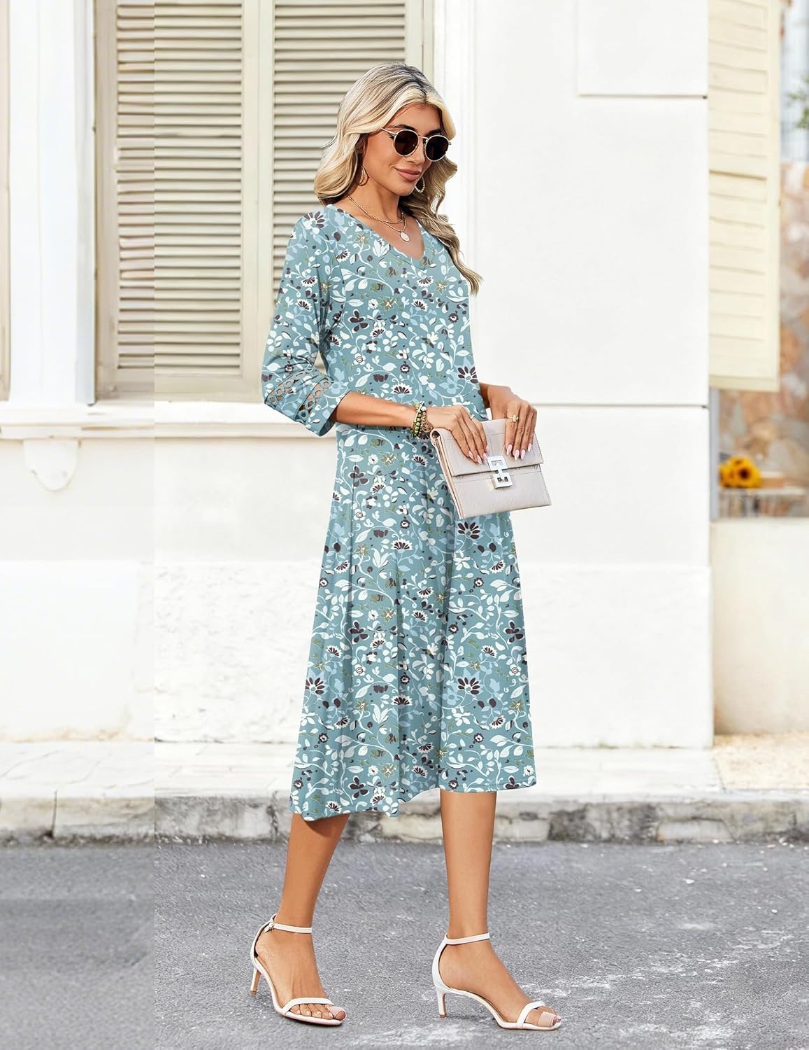 image:imageZeagoo Womens Dresses 34 Sleeve Summer Casual VNeck A Line Flowy Eyelet Midi Dress for Women Beach Vacation SundressGreen Floral
