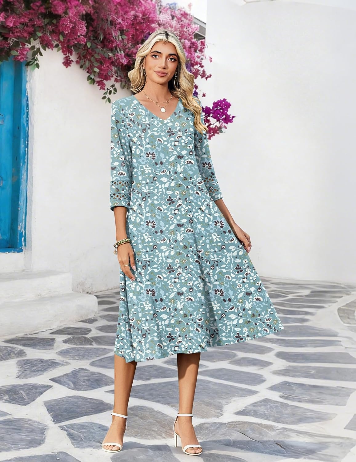 image:imageZeagoo Womens Dresses 34 Sleeve Summer Casual VNeck A Line Flowy Eyelet Midi Dress for Women Beach Vacation SundressGreen Floral