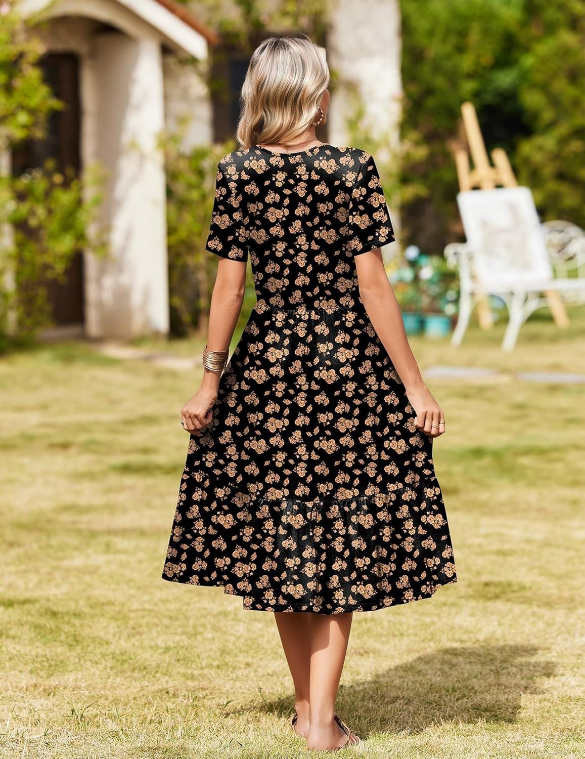 image:imageZeagoo Womens Summer Casual Dresses Short Sleeve Midi Warp VNeck Floral Dress with Pockets Tiered Flowy A Line SundressBlack Orange Floral