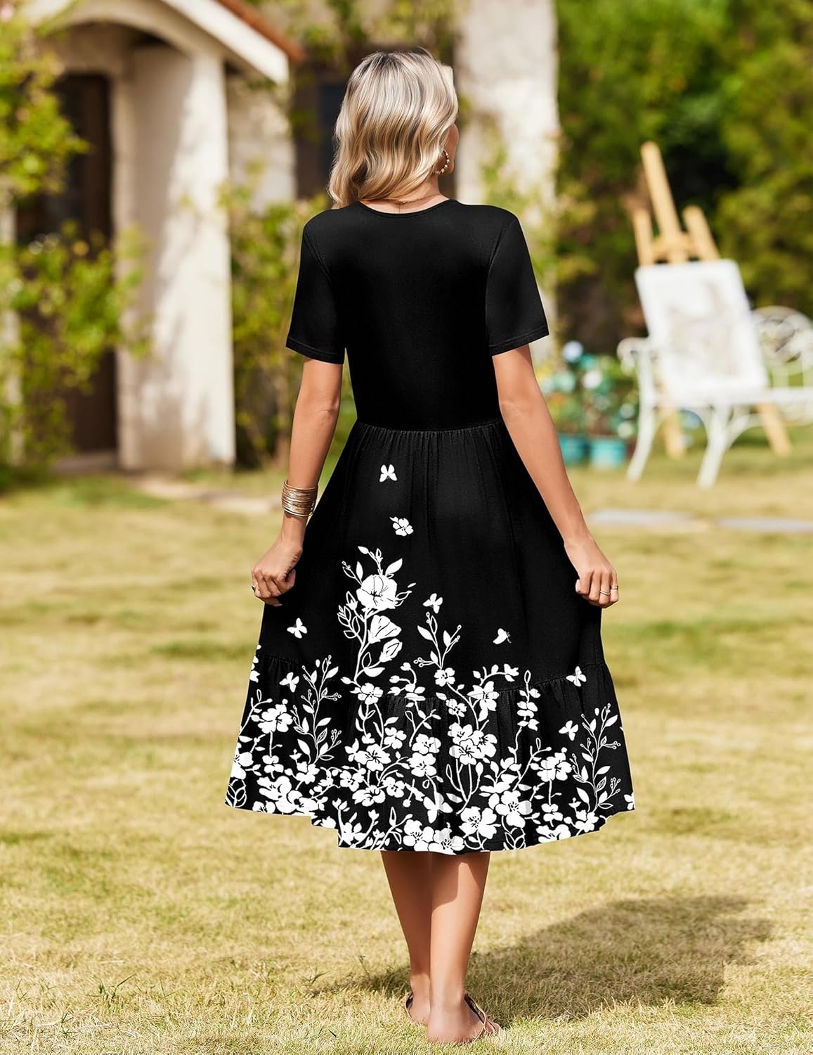 image:imageZeagoo Womens Summer Casual Dresses Short Sleeve Midi Warp VNeck Floral Dress with Pockets Tiered Flowy A Line SundressBlack White Floral