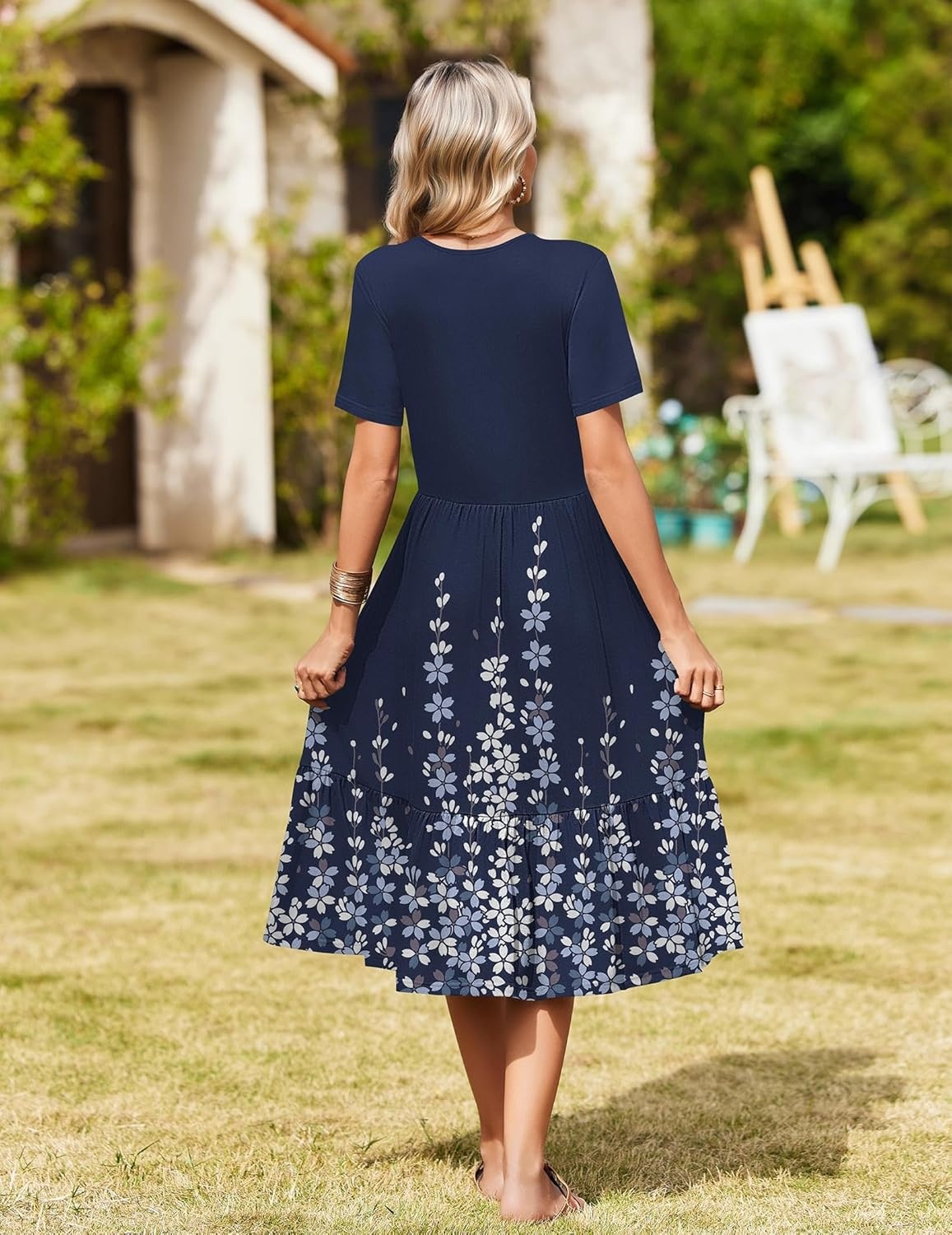 image:imageZeagoo Womens Summer Casual Dresses Short Sleeve Midi Warp VNeck Floral Dress with Pockets Tiered Flowy A Line SundressNavy Blue Floral