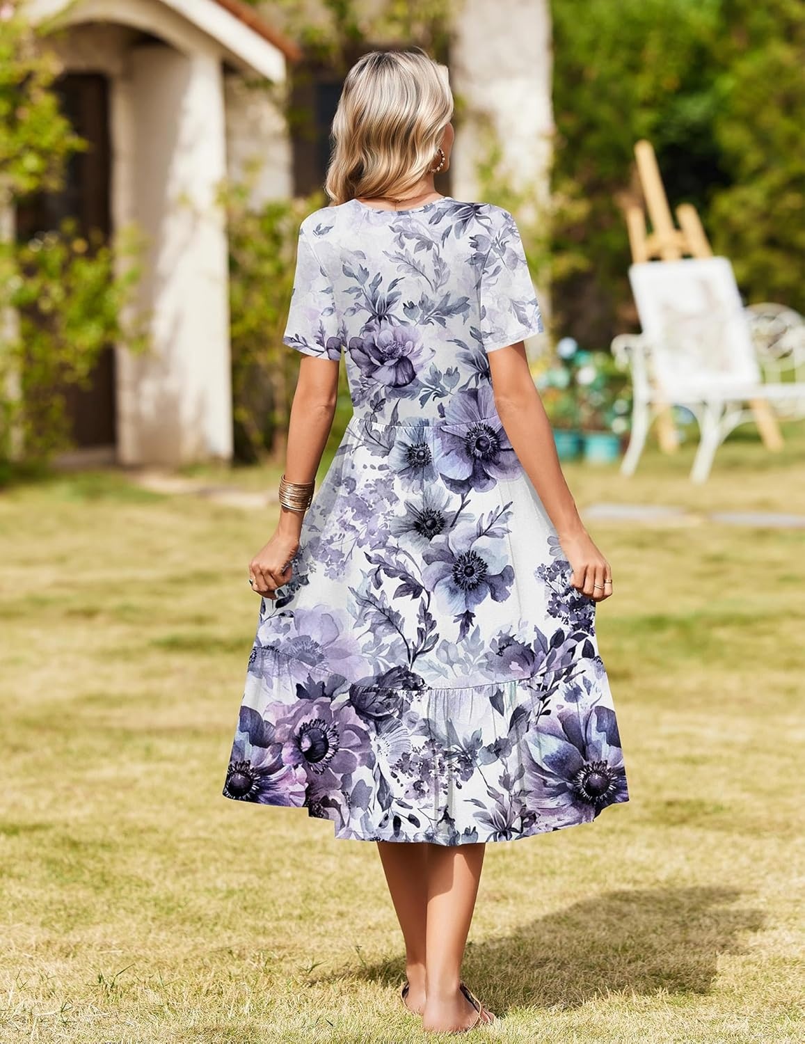 image:imageZeagoo Womens Summer Casual Dresses Short Sleeve Midi Warp VNeck Floral Dress with Pockets Tiered Flowy A Line SundressPurple Floral