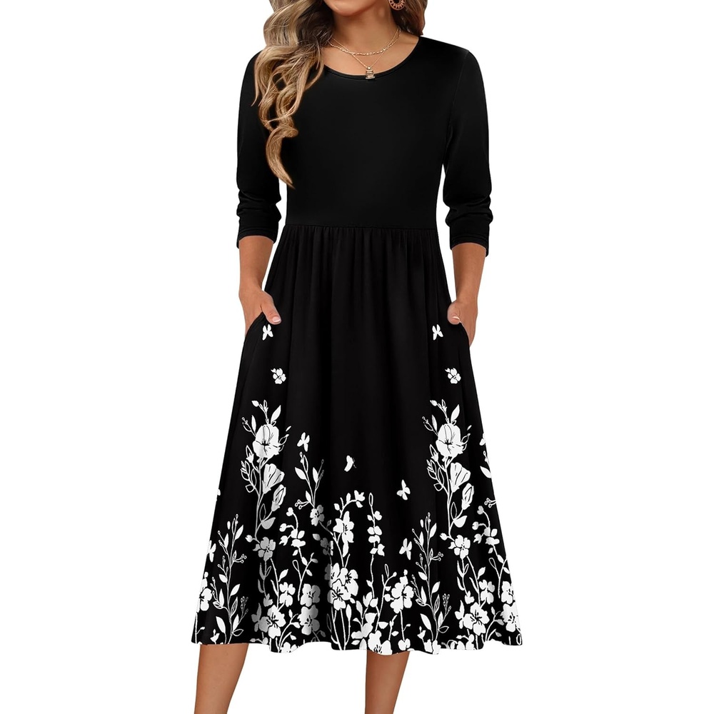 image:imageZeagoo 34 Sleeve Womens Dress Casual Flowy ALine Midi Tshirt Dresses with Pockets Crewneck Vocation Boho Beach SundressBlack Floral